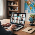Over-the-shoulder photo of a freelance writer on a video call with diverse participants, a small globe and gold comedy mask beside the laptop, soft daylight, and a blurred bookshelf and unlabeled world map in the background.
