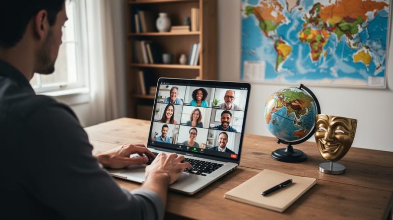 Over-the-shoulder photo of a freelance writer on a video call with diverse participants, a small globe and gold comedy mask beside the laptop, soft daylight, and a blurred bookshelf and unlabeled world map in the background.