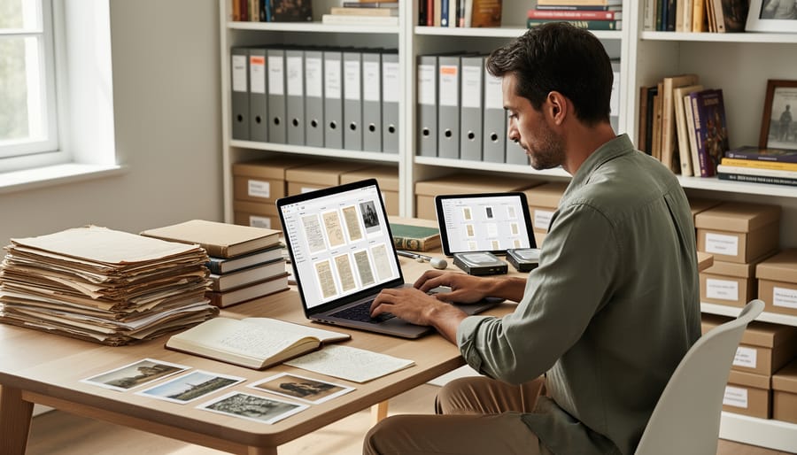 Handwritten journal and digital tablet displaying archived documents on wooden desk