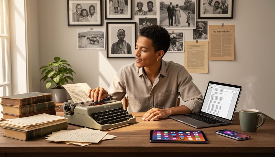 Hands typing on laptop with vintage photographs and letters on wooden desk
