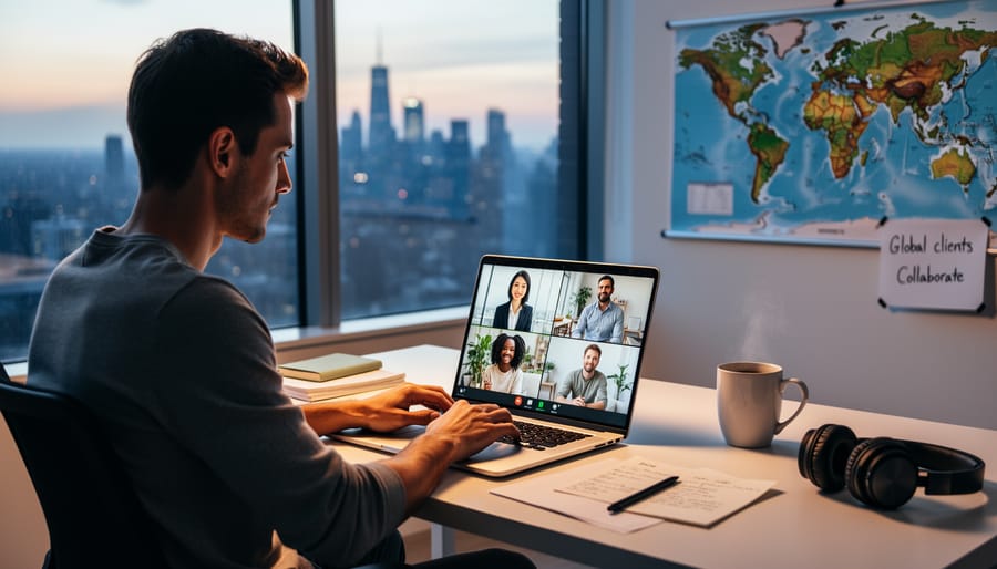 Diverse hands collaborating around laptop and notebooks on wooden table