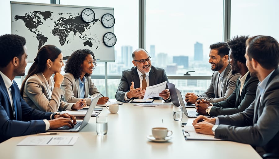 Diverse team of professionals collaborating around conference table in modern office
