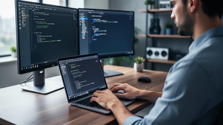 Over-the-shoulder view of a technical writer typing on a laptop at a modern desk, with blurred dual monitors showing a code editor and terminal, softly lit by window light.