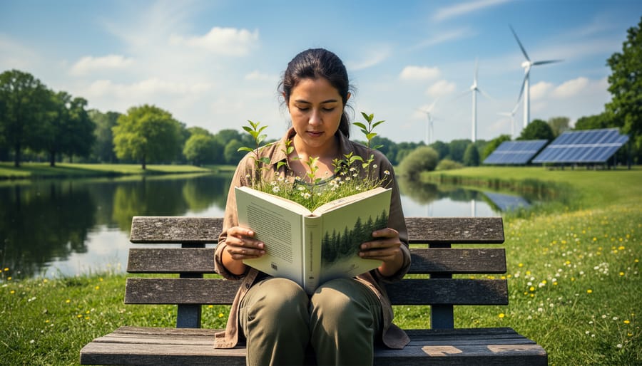 Hands holding open book outdoors surrounded by forest vegetation and ferns