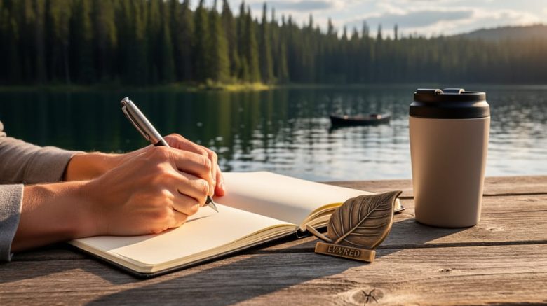 Hands writing in a blank notebook on a wooden table beside a Canadian lake bordered by evergreens, with a plain bronze leaf-shaped medal and a reusable mug nearby, golden-hour light and a softly blurred canoe in the distance