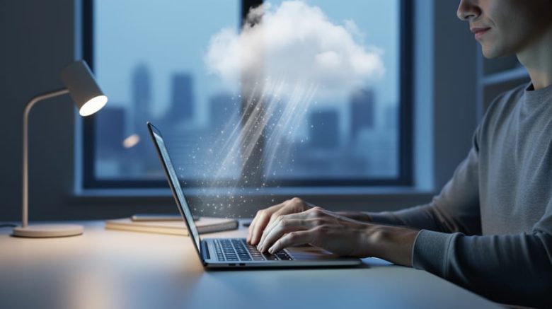 Freelance writer typing on a laptop as translucent light trails drift from the screen into a soft cloud shape, symbolizing AI tools learning from user work, with a blurred home office and window skyline in the background.