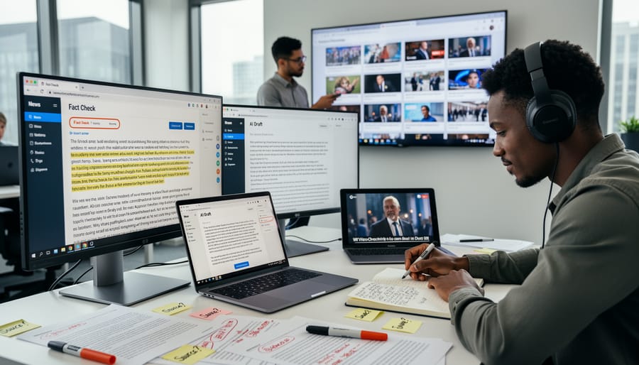 Magnifying glass held over laptop screen showing various media content