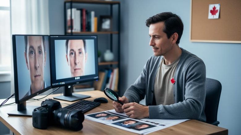 Canadian freelance writer at a desk analyzing a portrait and a video face on dual monitors to detect synthetic media, with a magnifying glass and DSLR on the desk, soft daylight, and a blurred bookshelf and corkboard with a maple leaf pin in the background.