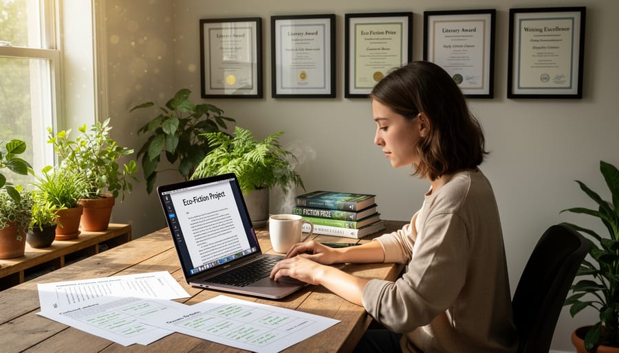 Freelance writer working on laptop at desk beside window with natural landscape view