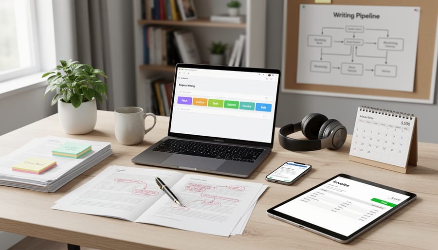 Organized desk workspace showing pipeline planning materials for freelance writing business