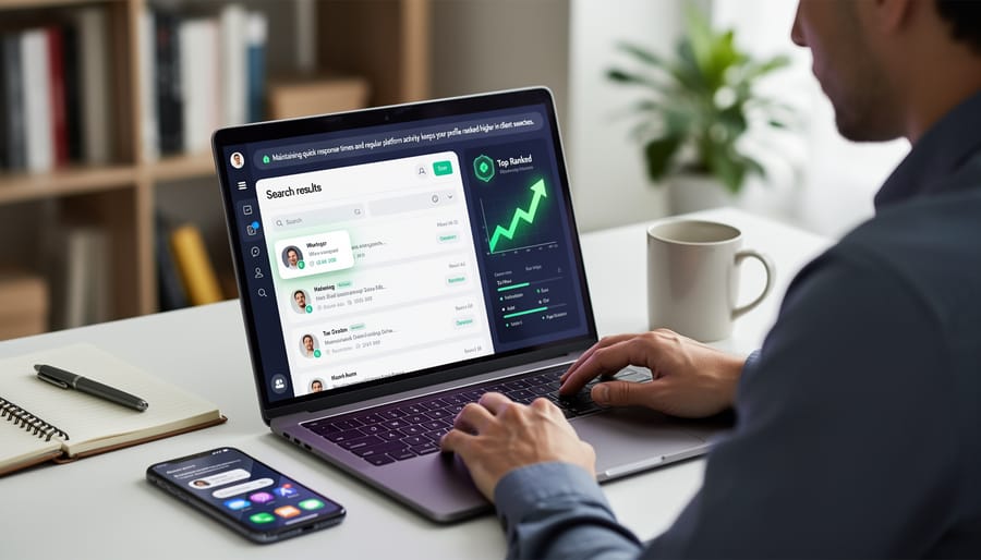 Freelancer checking smartphone for client messages and platform notifications