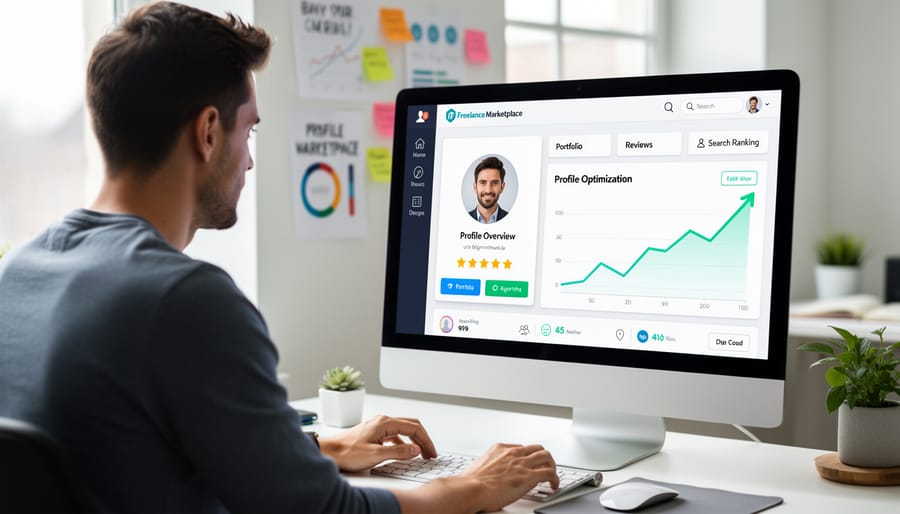 Person working on laptop optimizing their freelance marketplace profile
