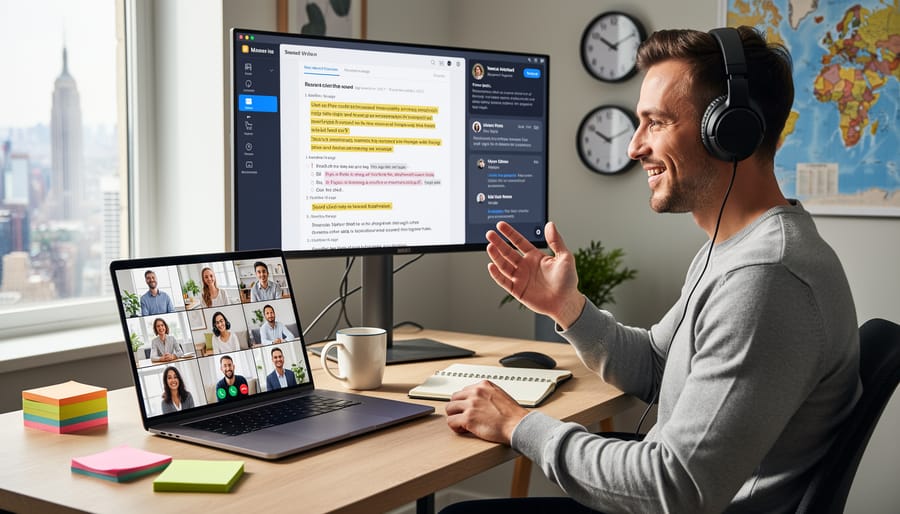 Team of professionals collaborating on laptop in bright modern workspace