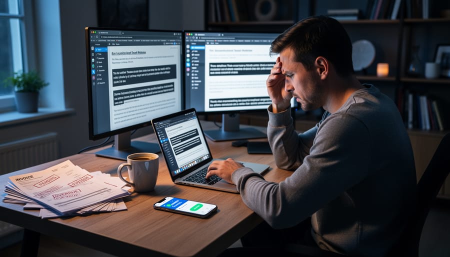 Freelance writer looking concerned while working at home office desk