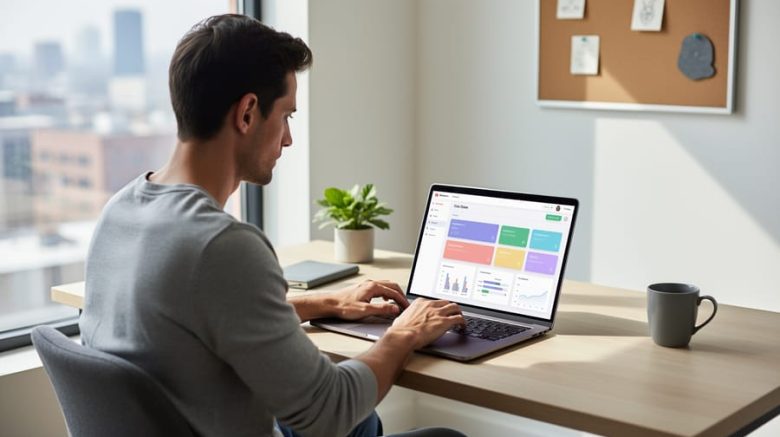 Solo freelance writer at a tidy home office desk, hands on a laptop with an abstract, text-free CRM interface, soft daylight from a side window, with coffee mug, notebook, plant, and blurred corkboard in the background.