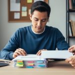 Freelance writer at a home office desk reviewing pages with multicolored sticky tabs and checkmarks while another person slides a sheet back, softly lit with a blurred corkboard, bookshelf, and plant in the background