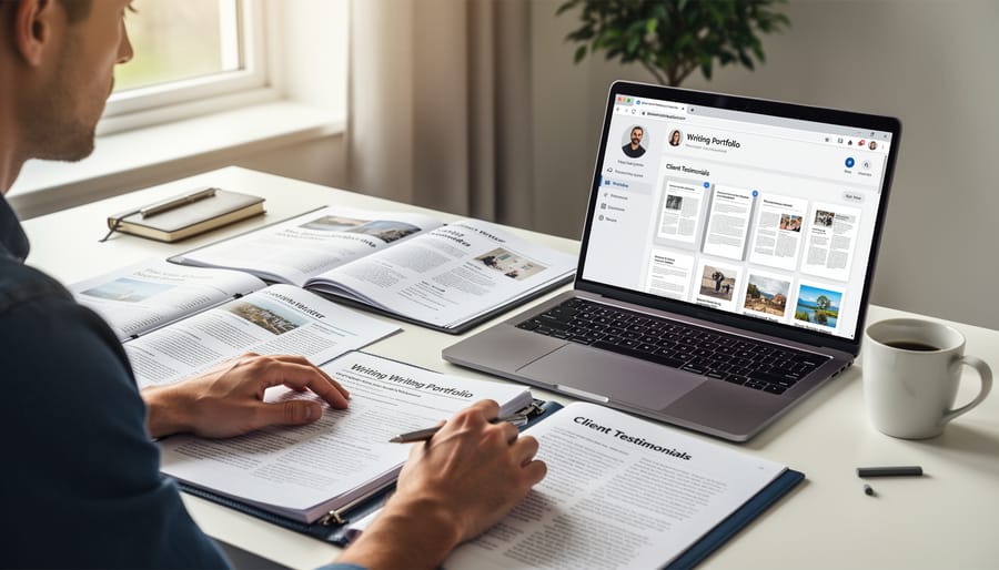 Professional freelance writer reviewing portfolio samples at organized home office workspace