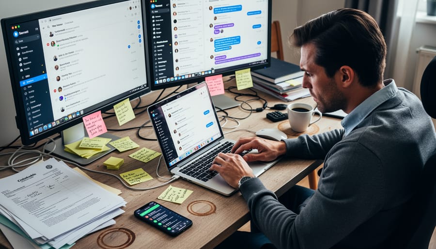 Freelance writer's cluttered desk with scattered papers and notes representing disorganized client management