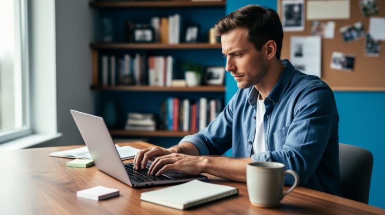 Focused freelance writer at a modern wooden desk typing on a laptop with blank sticky notes, a notebook, and a coffee mug, lit by soft daylight, with blurred books and a corkboard in the background.