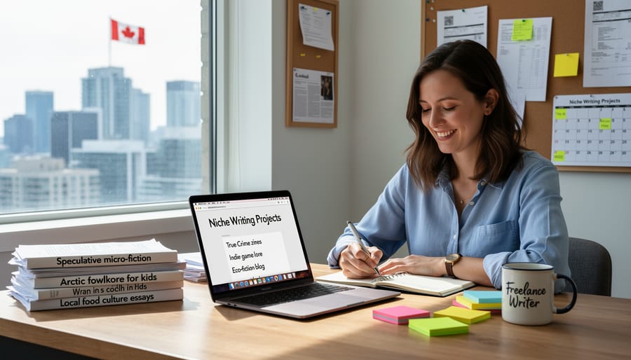 Freelance writer celebrating success while working from home office