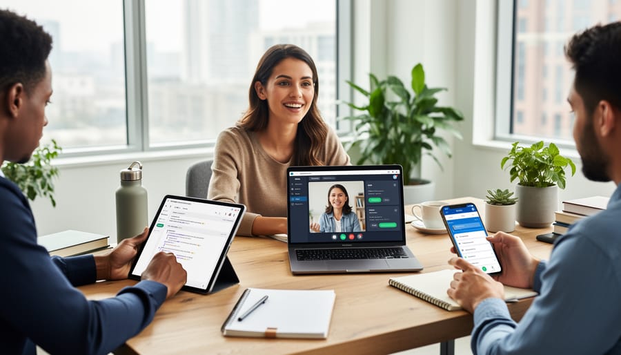 Freelance writer working contentedly at organized home office with natural light and plants