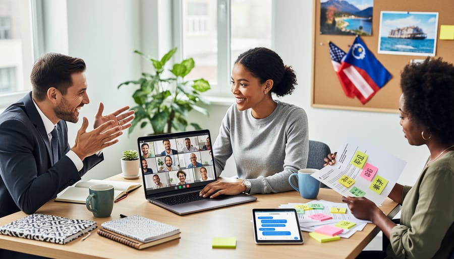 Freelance writer working on laptop at home office desk with coffee and notes