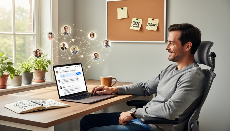 Freelance writer working comfortably at home office desk with natural lighting