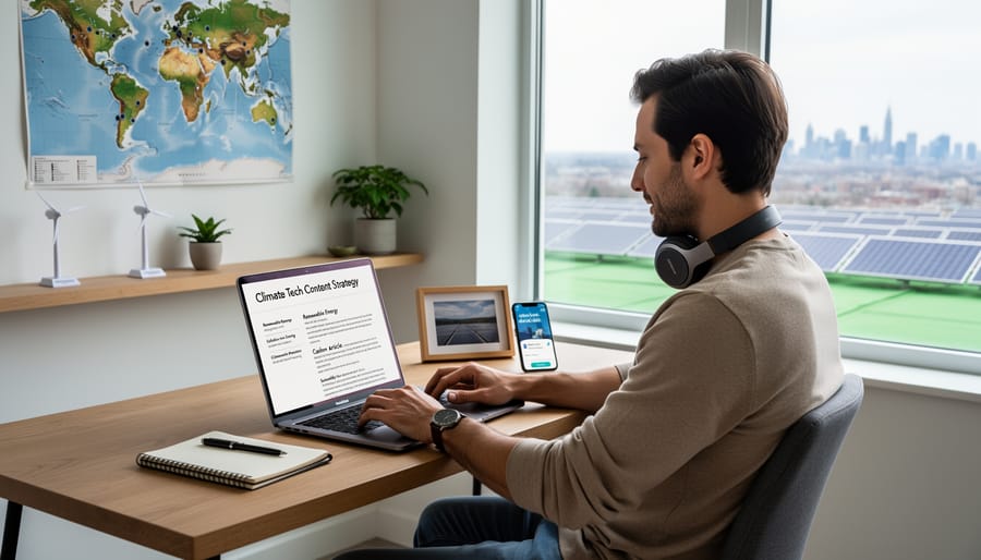 Freelance writer working on laptop at home office desk with plant and coffee cup