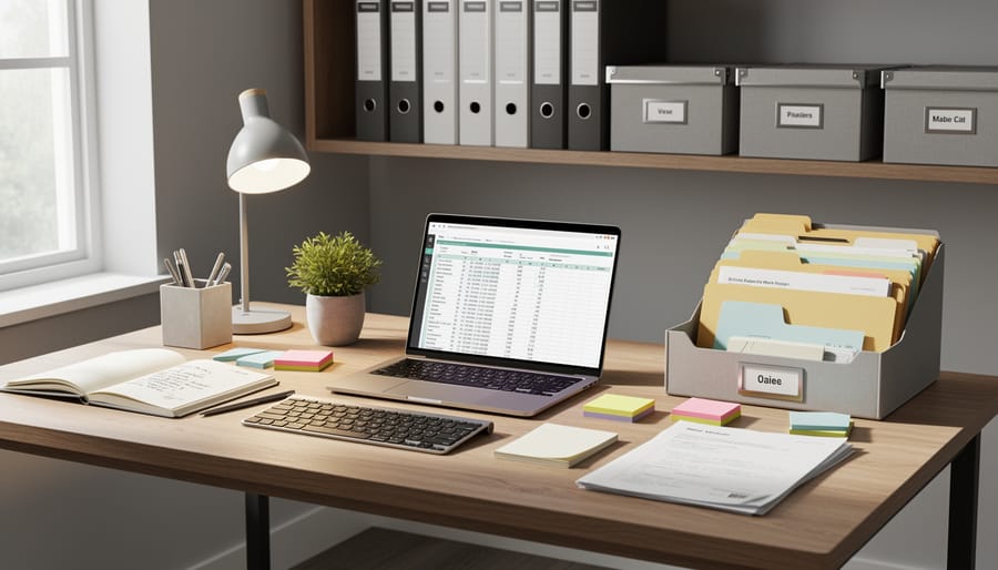 Overhead view of freelance writer's organized desk with laptop and notebook