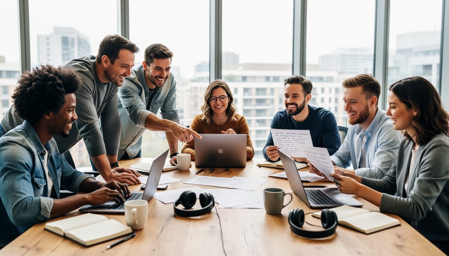 Two freelance writers collaborating together at desk reviewing laptop screen
