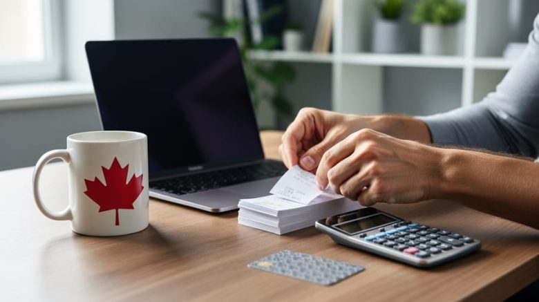 Medium close-up of a tidy home office desk with a freelance writer’s hands sorting blank receipts next to a laptop angled away, a calculator, a face-down bank card, and a red maple-leaf mug, with soft daylight and blurred shelves and plants in the background.