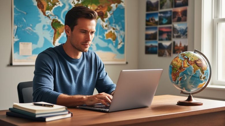 Freelance writer typing on a laptop at a desk beside a small globe and notebooks, with soft daylight and a blurred label-free world map and diverse travel photos in the background.