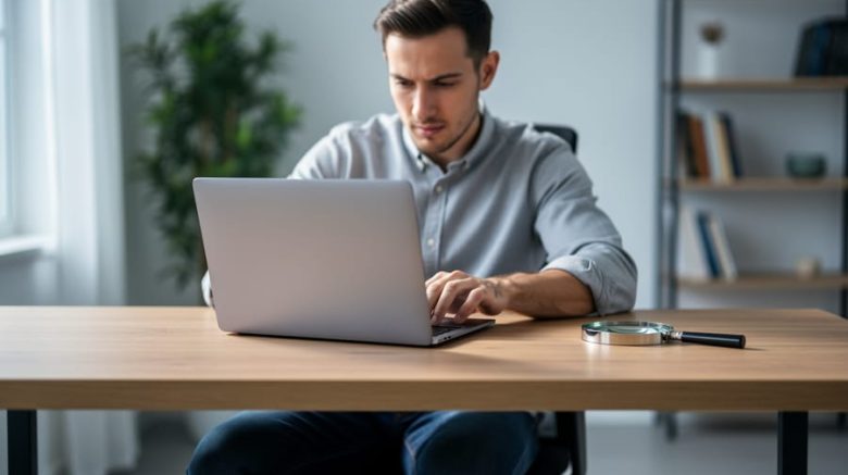 Focused freelancer working on a laptop at a modern desk with a magnifying glass nearby, shallow depth of field and blurred minimalist home office background.