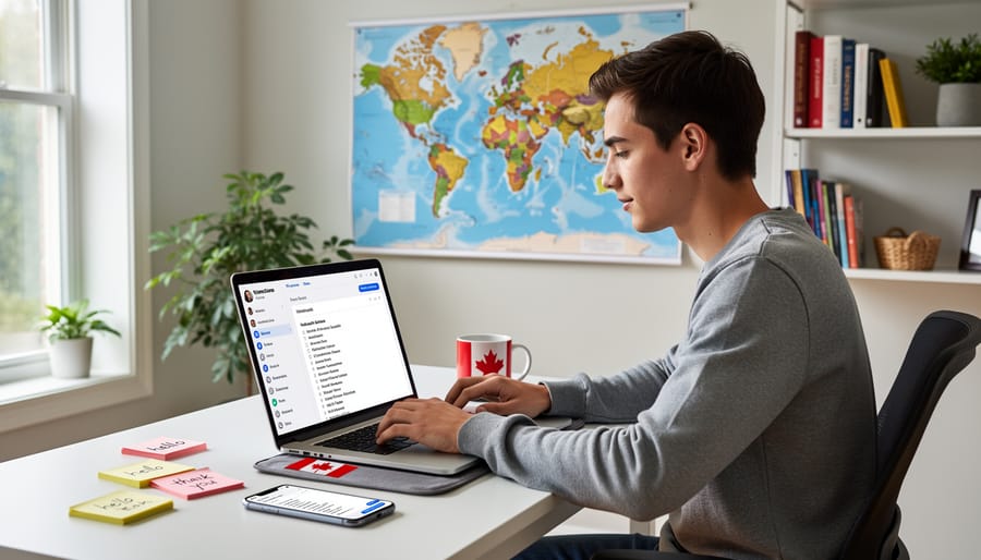 Freelance writer working at desk with international city skyline visible through window