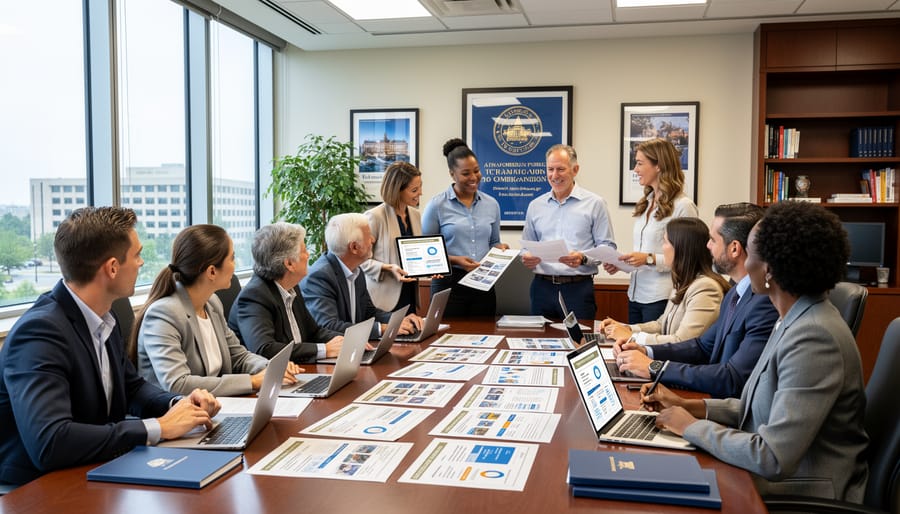 Diverse team of professionals collaborating in modern government office setting