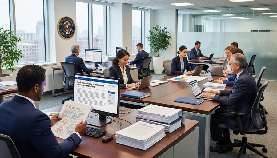 Professional writer working on laptop in government office workspace