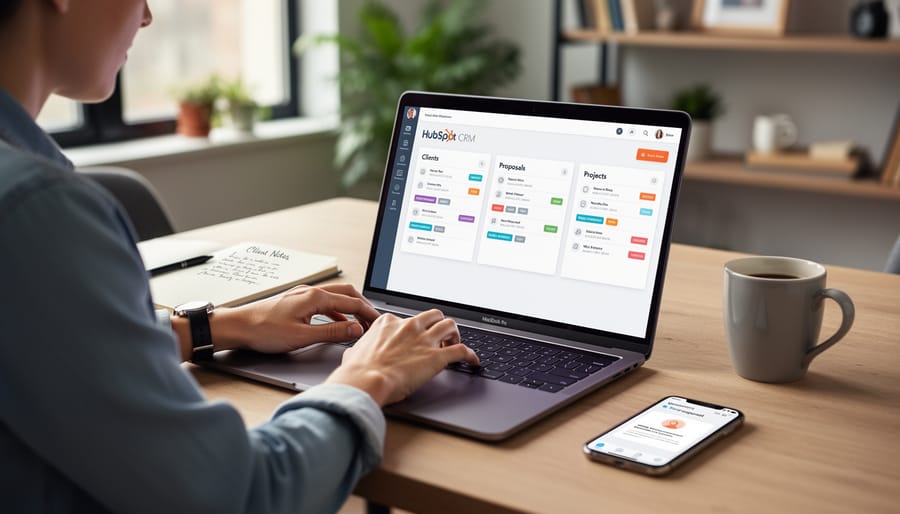 Freelance writer using HubSpot CRM on laptop to manage client relationships