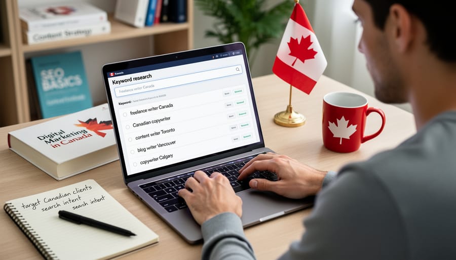 Notebook with keyword research notes next to laptop for freelance profile optimization