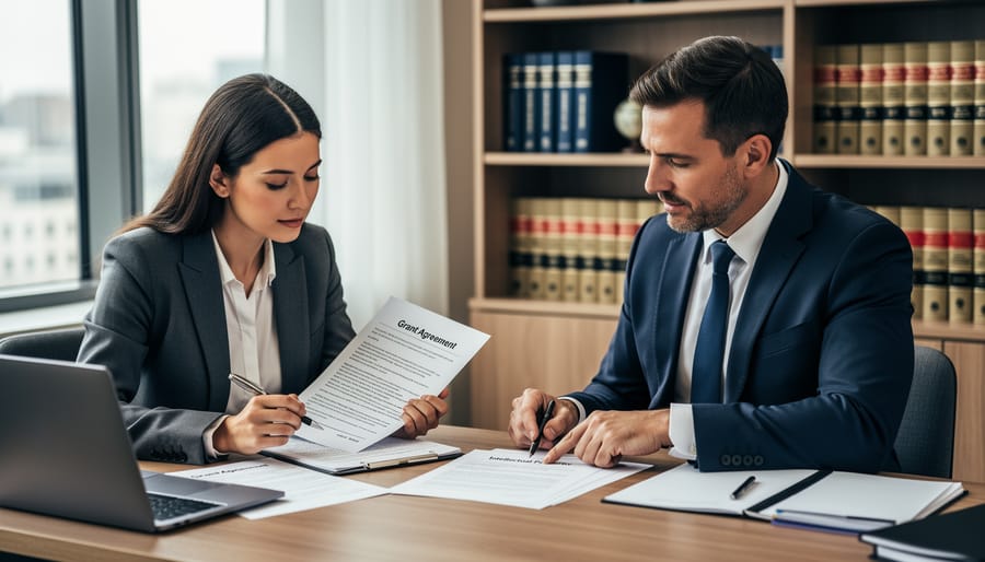 Writer consulting with legal professional reviewing grant agreement documents
