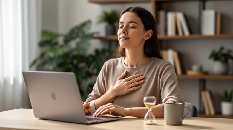 Freelance writer at a minimalist home desk with eyes closed, hand hovering over a laptop, hourglass and mug nearby, soft window light, and blurred plants and shelves in the background.