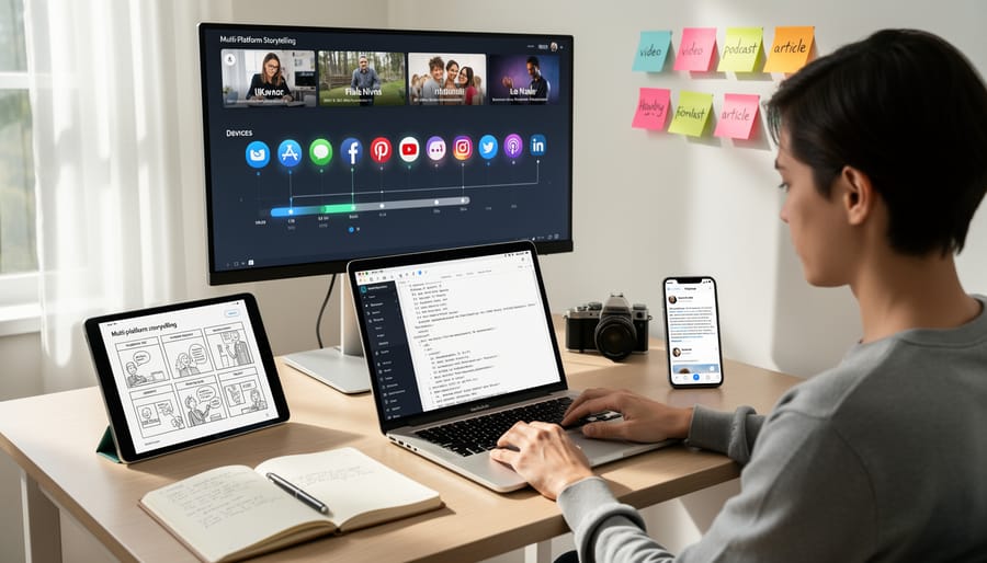 Freelance writer working on laptop with multiple devices showing different content platforms