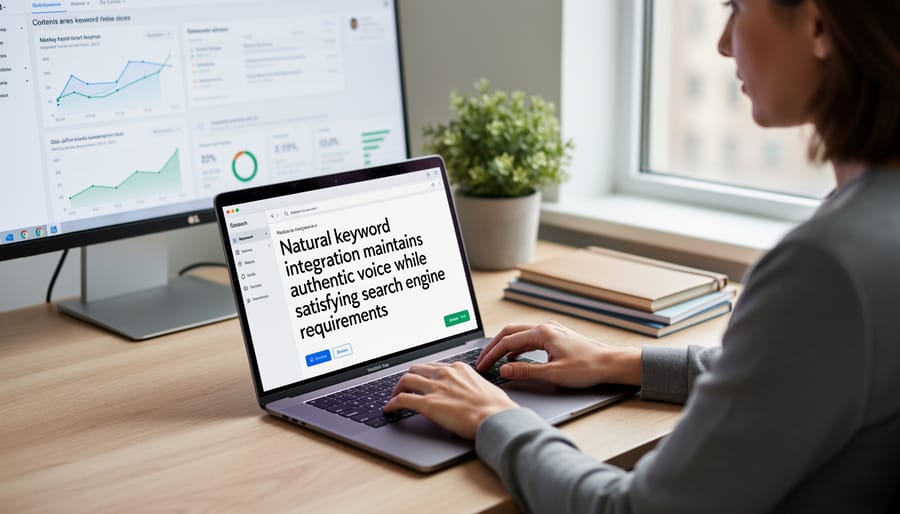 Writer integrating keywords naturally into content with handwritten notes and planning materials