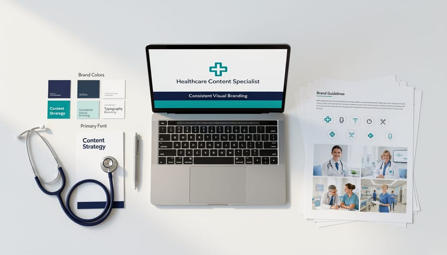 Brand identity materials including color palettes and design elements arranged on white surface