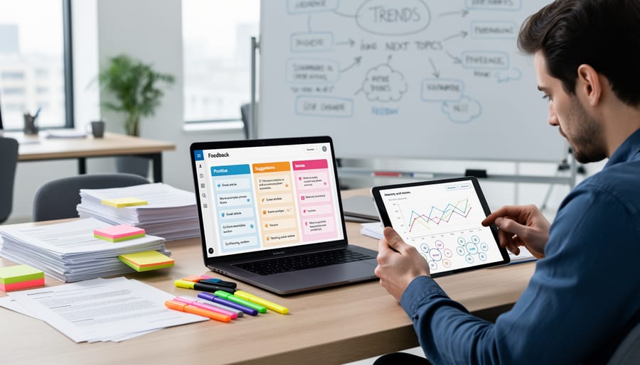 Writer's desk with laptop and colorful sticky notes containing reader feedback