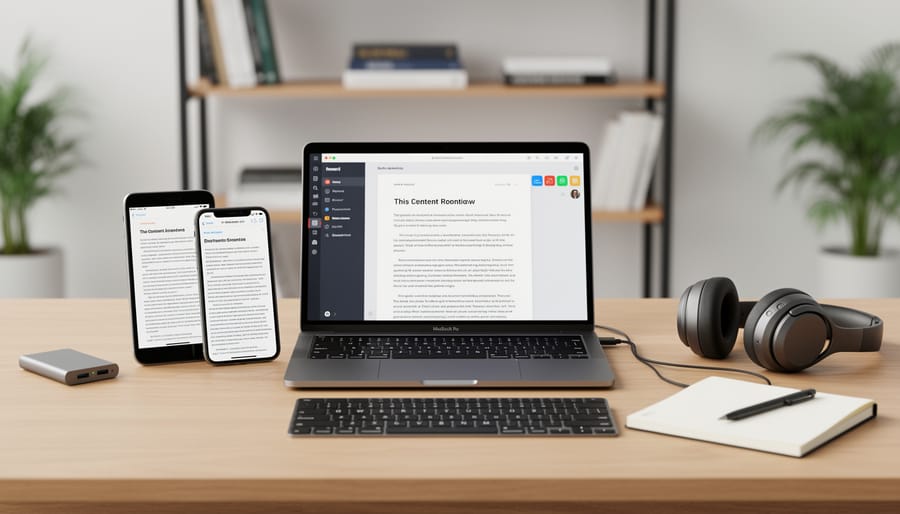 Organized workspace with multiple synchronized devices showing streamlined content workflow