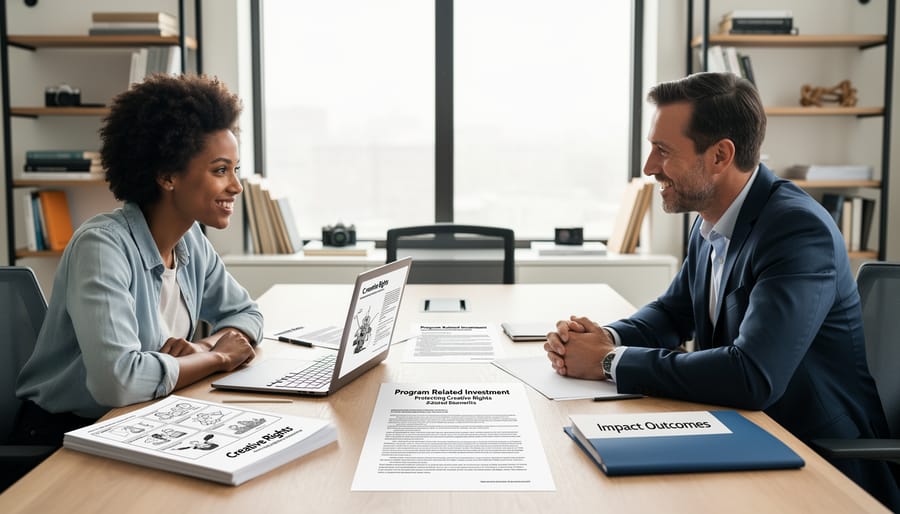 Business professionals shaking hands over contract documents in modern office