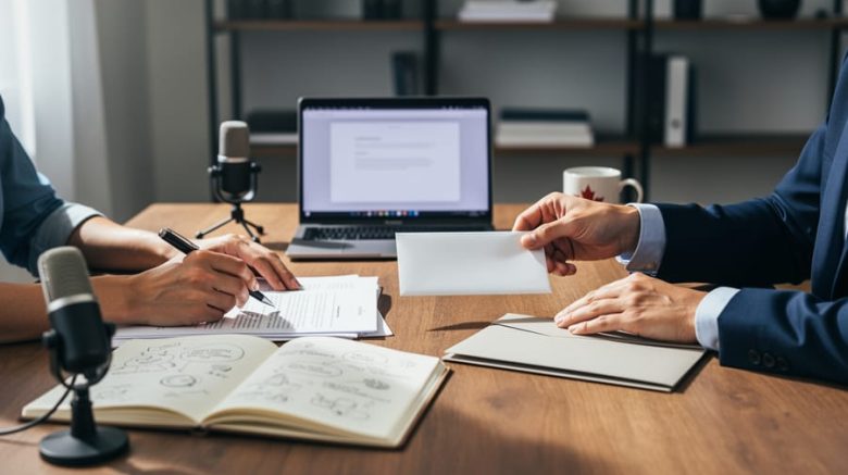 Eye-level view of a desk where a writer holds a pen beside manuscript pages and a small microphone while another person slides a plain envelope and folder across; soft daylight, blurred office shelves, and a subtle maple-leaf mug in the background.
