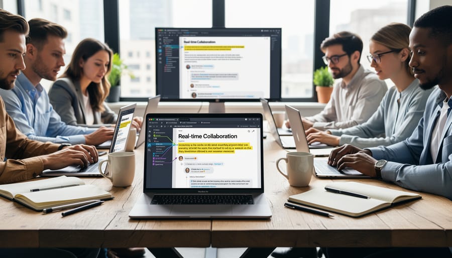Close-up of hands working on laptop and smartphone showing synchronized documents