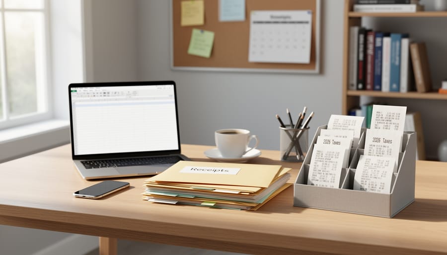 Organized stack of business receipts with smartphone and filing folder