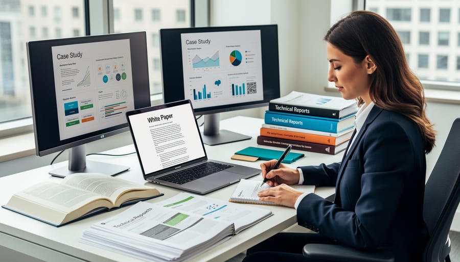 Overhead view of writer's hands on laptop with research notes and highlighted papers